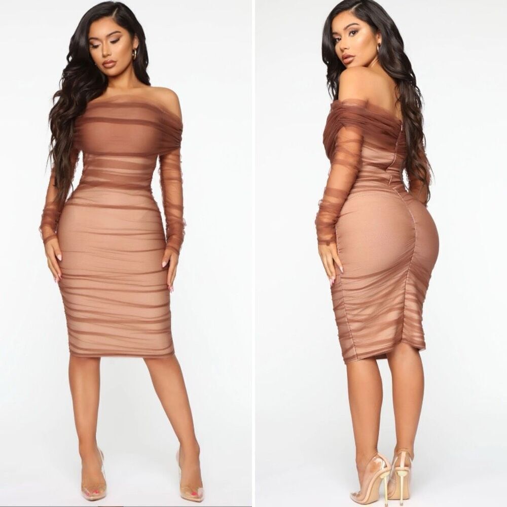 Fashion Nova Ruched and Ready Bandaged Midi Dress Mauve Taupe L